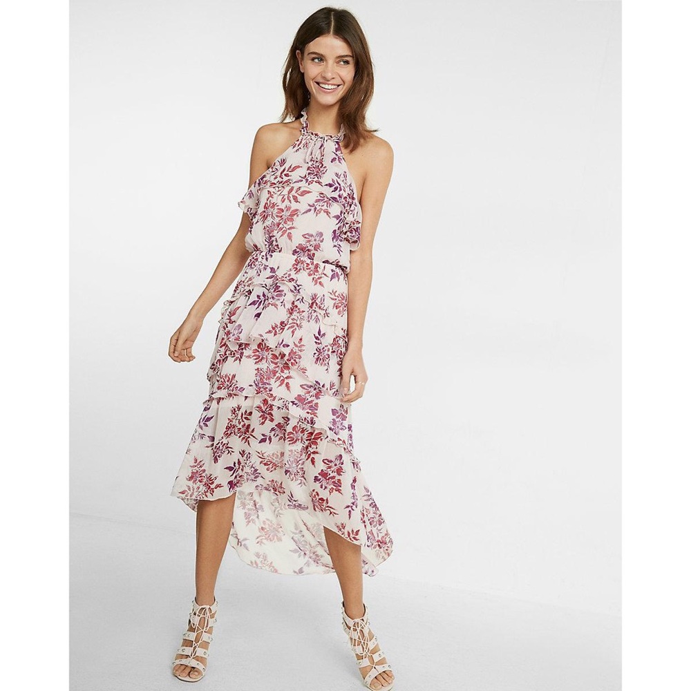 Express Floral Halter Dress W/ Ruffles NWT Spring Wedding Guest Dress